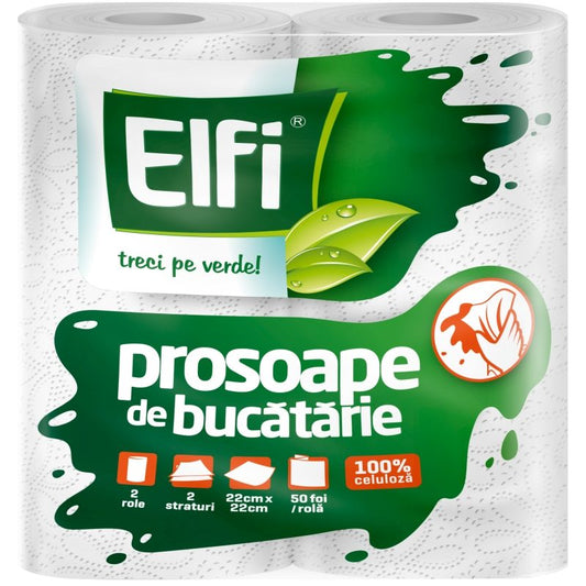 Elfi Prosop Bucatarie, Hartie Absorbanta in 2 Straturi, Celuloza Alba, Set 2 Role