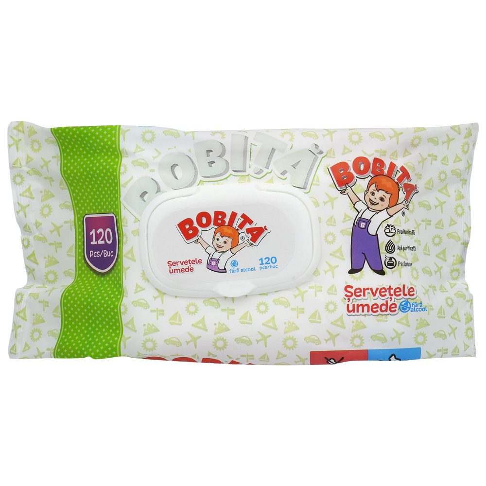 Bobita Șervețele Umede pentru Copii și Bebeluși, Curățare Delicată, Cu Capac de Plastic, 120 Bucăți
