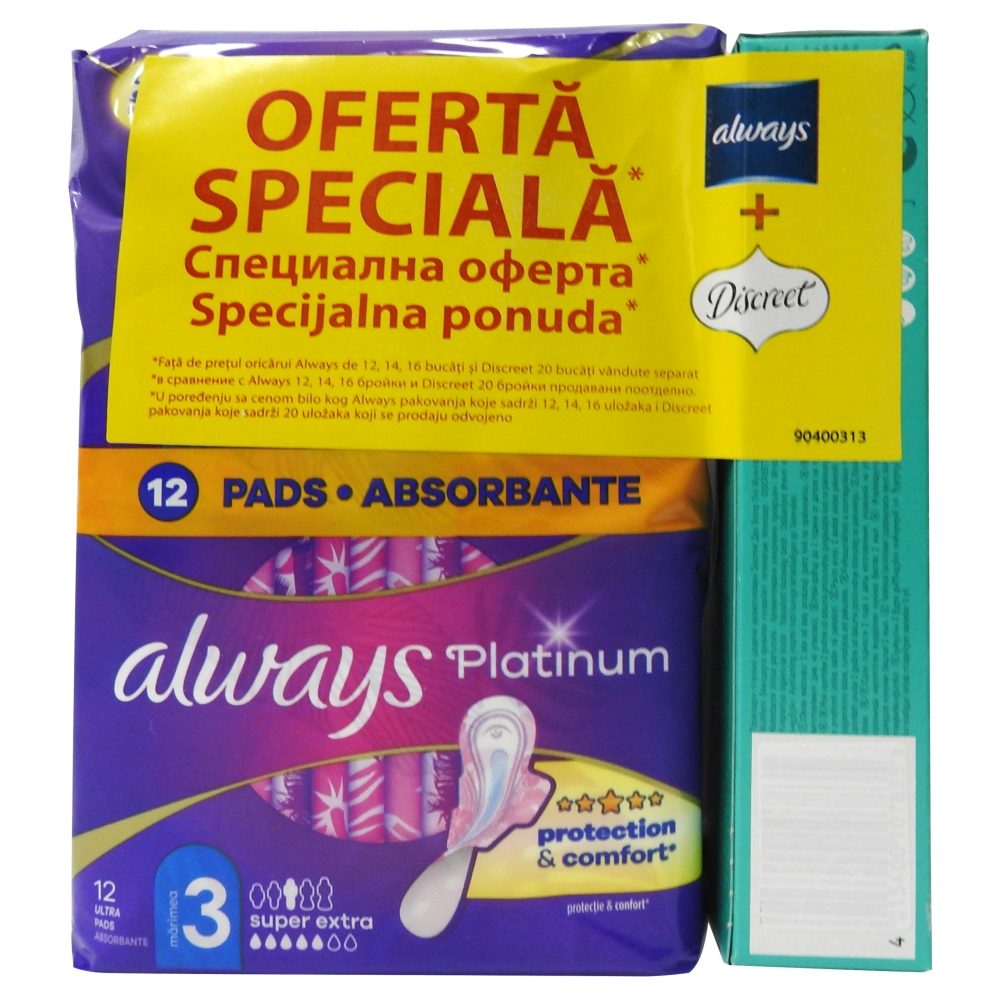 Always Platinum Super Extra, Absorbante Igienice Cu Aripi, Pachet Promoțional 12 Bucăți Și Absorbante Zilnice Discreet Waterlily, 20 Bucăți