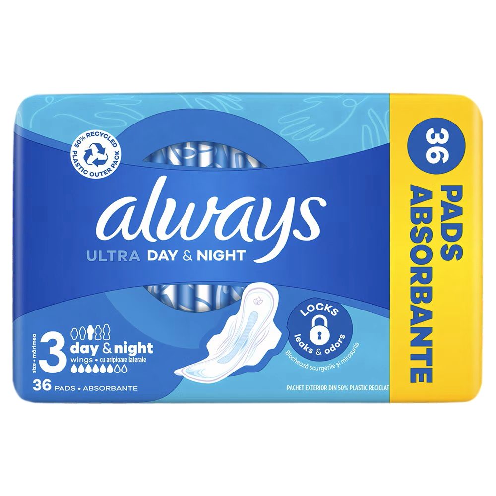 Always Ultra Day & Night, Absorbante Igienice Cu Aripi, Protecție Până La 10 Ore, Pachet 36 Bucăți