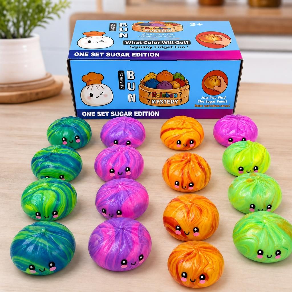 Mishos Bun Bun Jucarie Squishy Antistres, Design Briosa Kawaii, Spuma PU, Set 16 Bucati, Culori Mix Surpriza
