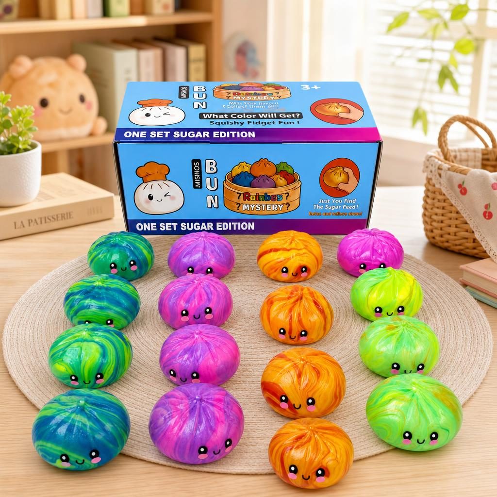 Mishos Bun Bun Jucarie Squishy Antistres, Design Briosa Kawaii, Spuma PU, Set 16 Bucati, Culori Mix Surpriza
