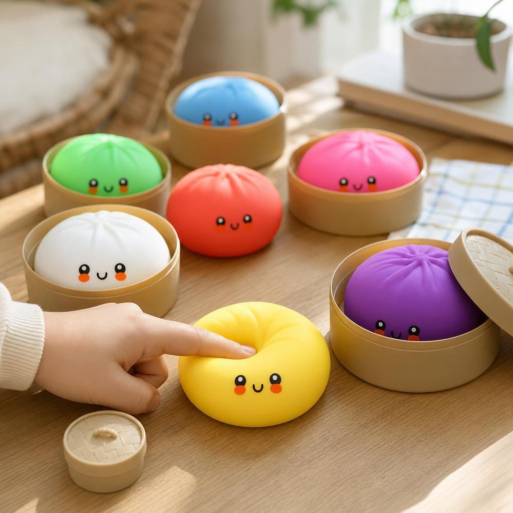 Jucarie Squishy Antistres, Set Design Kawaii Baozi cu Cos De Aburi, Silicon, 7-Pack, Culori Diverse