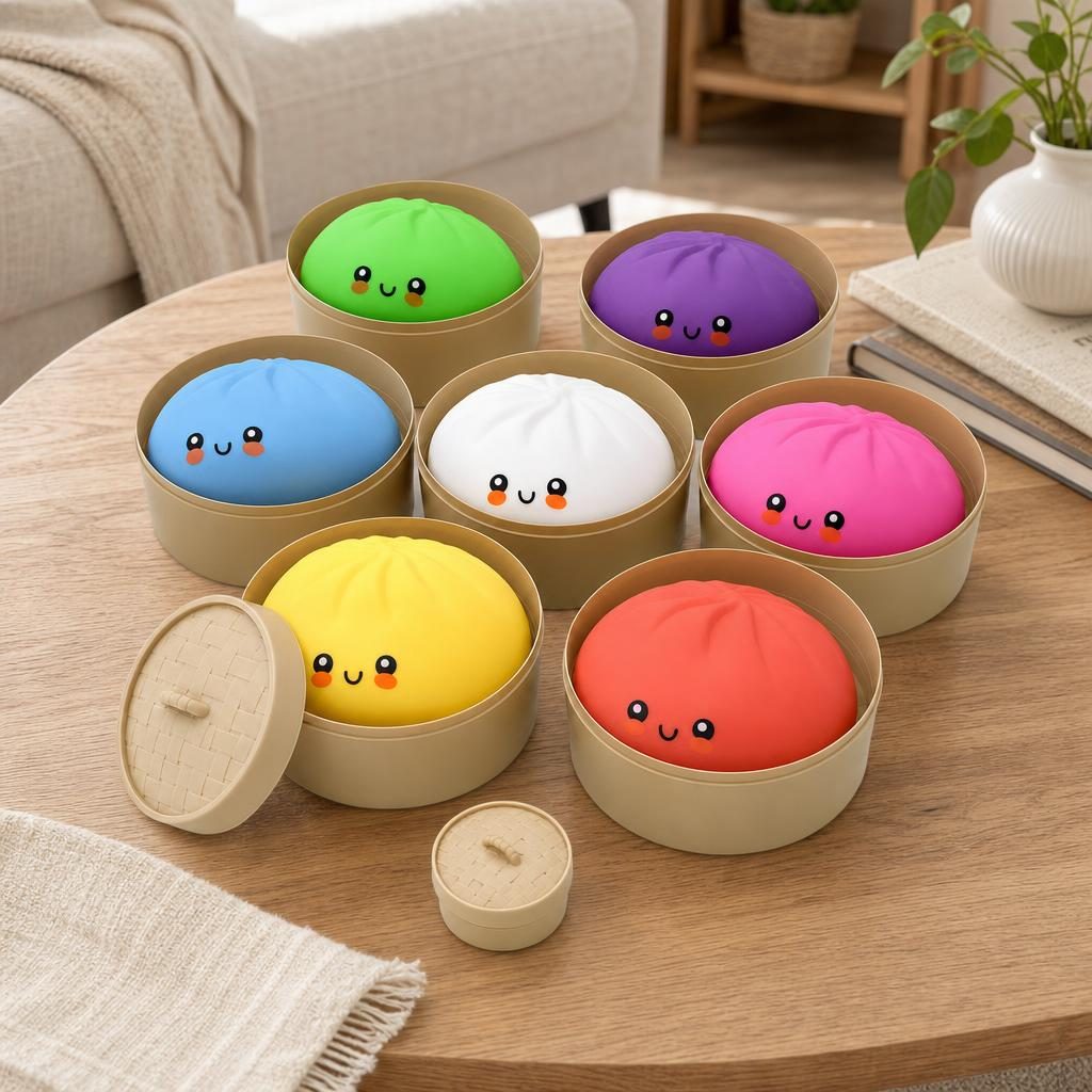 Jucarie Squishy Antistres, Set Design Kawaii Baozi cu Cos De Aburi, Silicon, 7-Pack, Culori Diverse