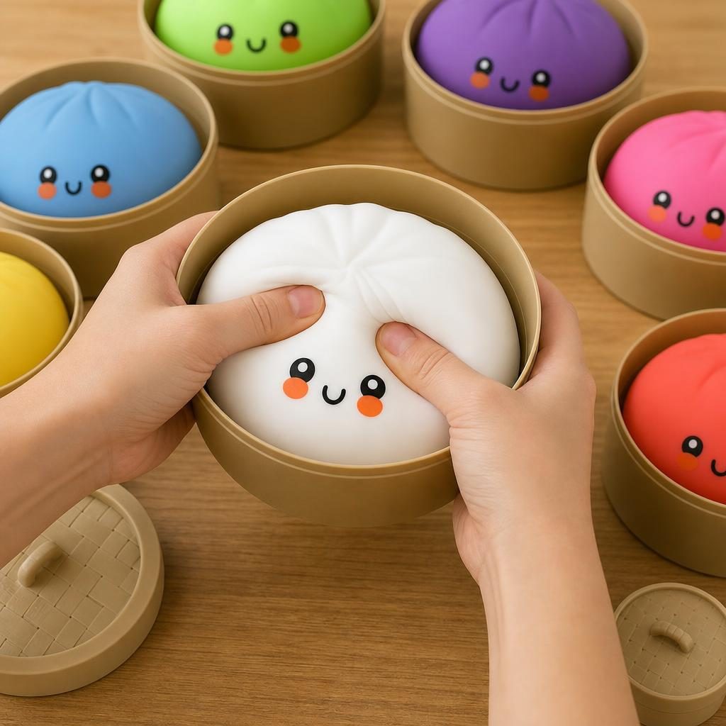 Jucarie Squishy Antistres, Set Design Kawaii Baozi cu Cos De Aburi, Silicon, 7-Pack, Culori Diverse