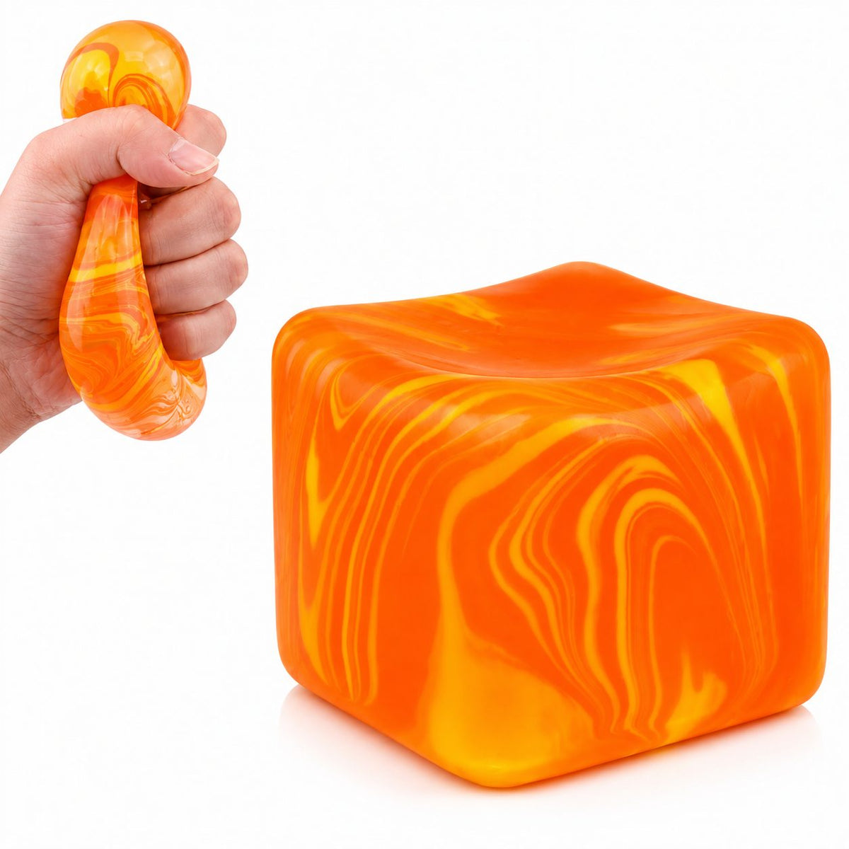 Jucarie Squishy Antistres Cub de Gheata, Model Linii Flow cu Revenire Lenta, Termoplastic TPE, 5.5x5.5x5.5 cm, 180 g, Portocaliu