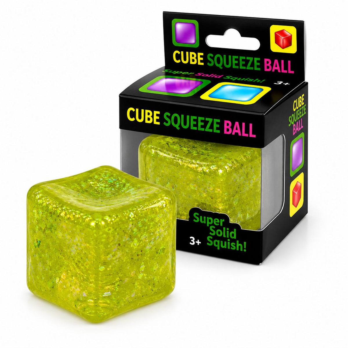 Jucarie Squishy Antistres Cub, Model Ice Cube cu Sclipici Magic, Revenire Lenta, TPR, 3x3 cm, Galben