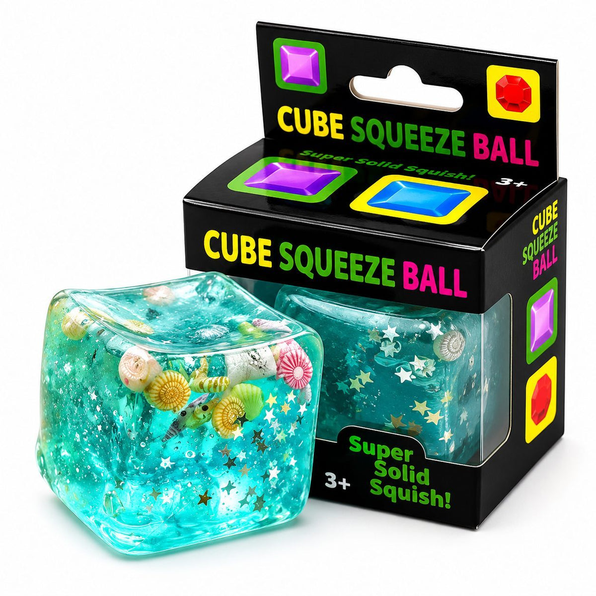 Jucarie Squishy Antistres, Cub Fidget 3D Ice Cube cu Stele Maritime, Revenire Lenta, TPR Elastic, 3x3 cm, Albastru