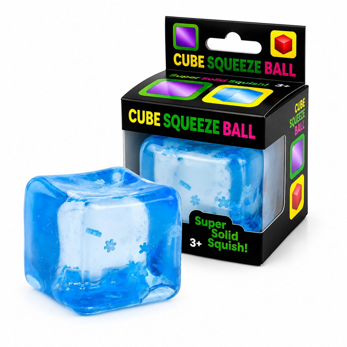 Jucarie Squishy Antistres, Cub Fidget Ice Cube cu Fulgi de Nea, Revenire Lenta, TPR Elastic, 3.5x3.5 cm, Albastru