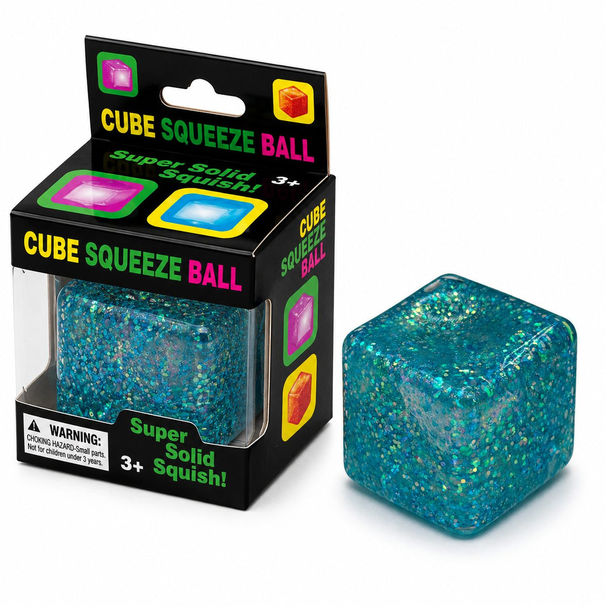 Jucarie Squishy Antistres, Cub Fidget Ice Cube cu Sclipici, Revenire Lenta, TPR, 4x4 cm, Albastru