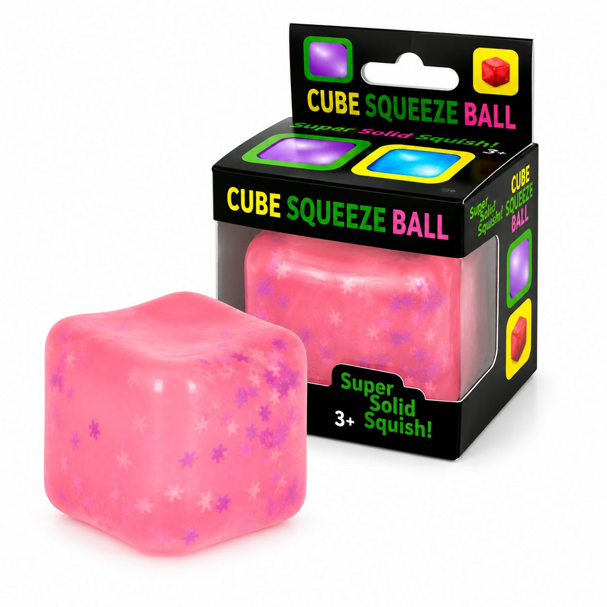 Jucarie Squishy Antistres, Cub Fidget 3D Ice Cube cu Fulgi de Nea, Revenire Lenta, Material TPR, 4x4x4 cm, Roz