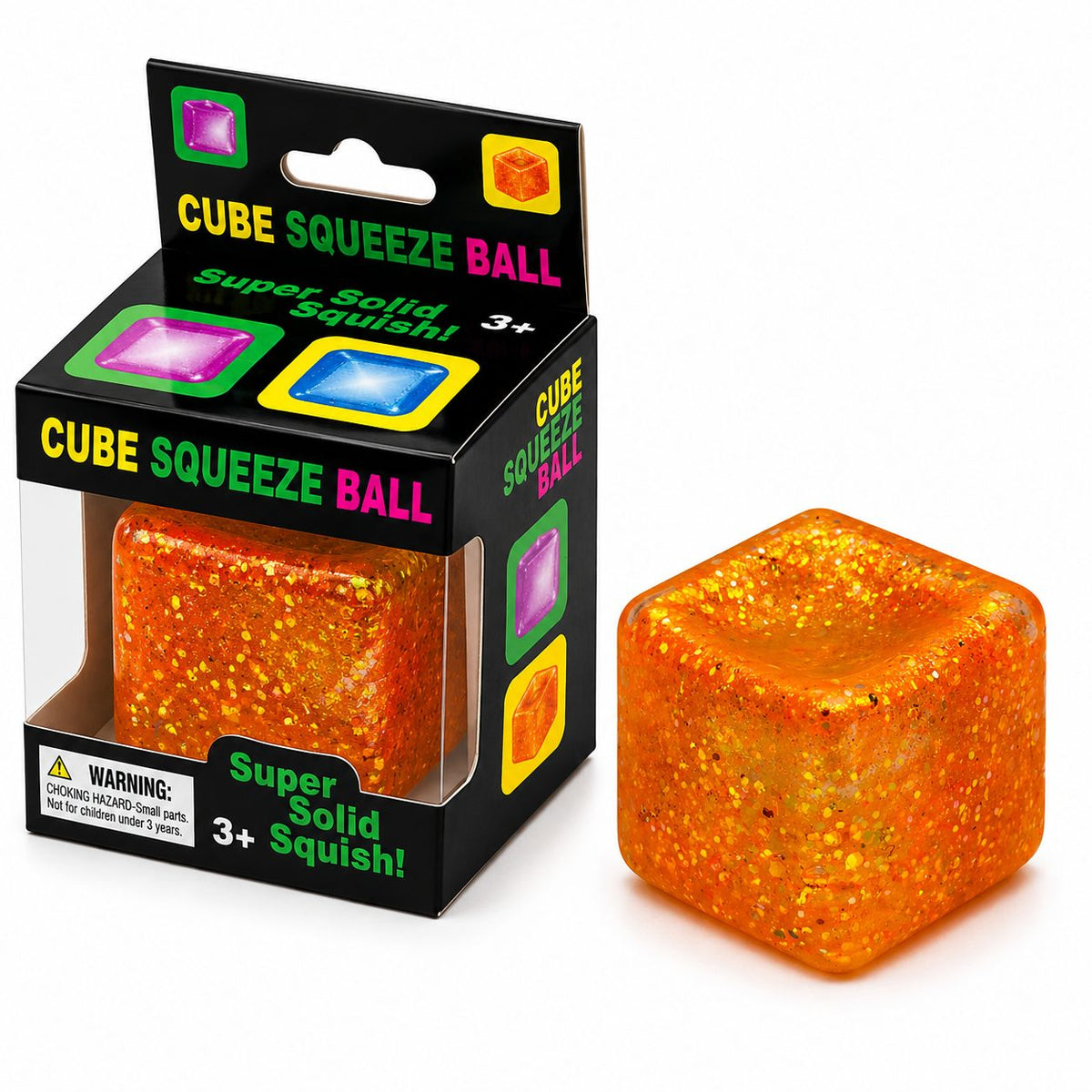 Jucarie Squishy Antistres, Model Ice Cube cu Sclipici Magic, Revenire Lenta, Material TPR, 4x4 cm, Portocaliu