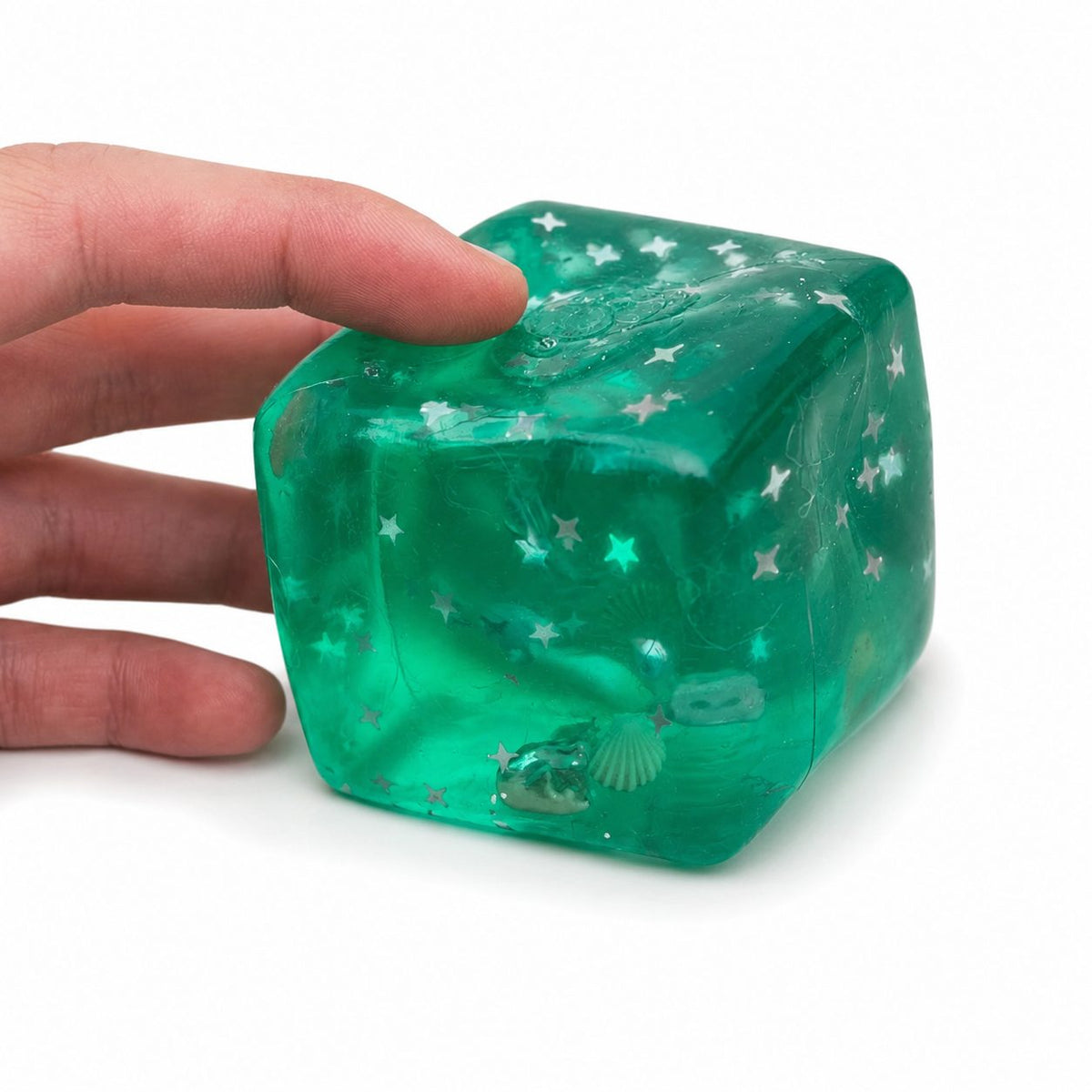 Jucarie Squishy Antistres, Cub Fidget Ice Cube cu Stele Maritime, Revenire Lenta, TPR Elastic, 4x4x4 cm, Verde