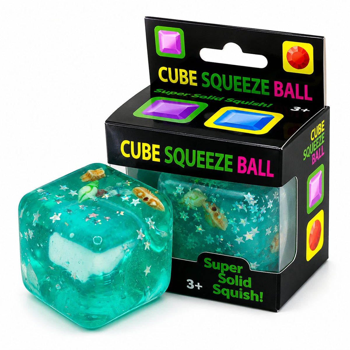 Jucarie Squishy Antistres, Cub Fidget Ice Cube cu Stele Maritime, Revenire Lenta, TPR Elastic, 4x4x4 cm, Verde