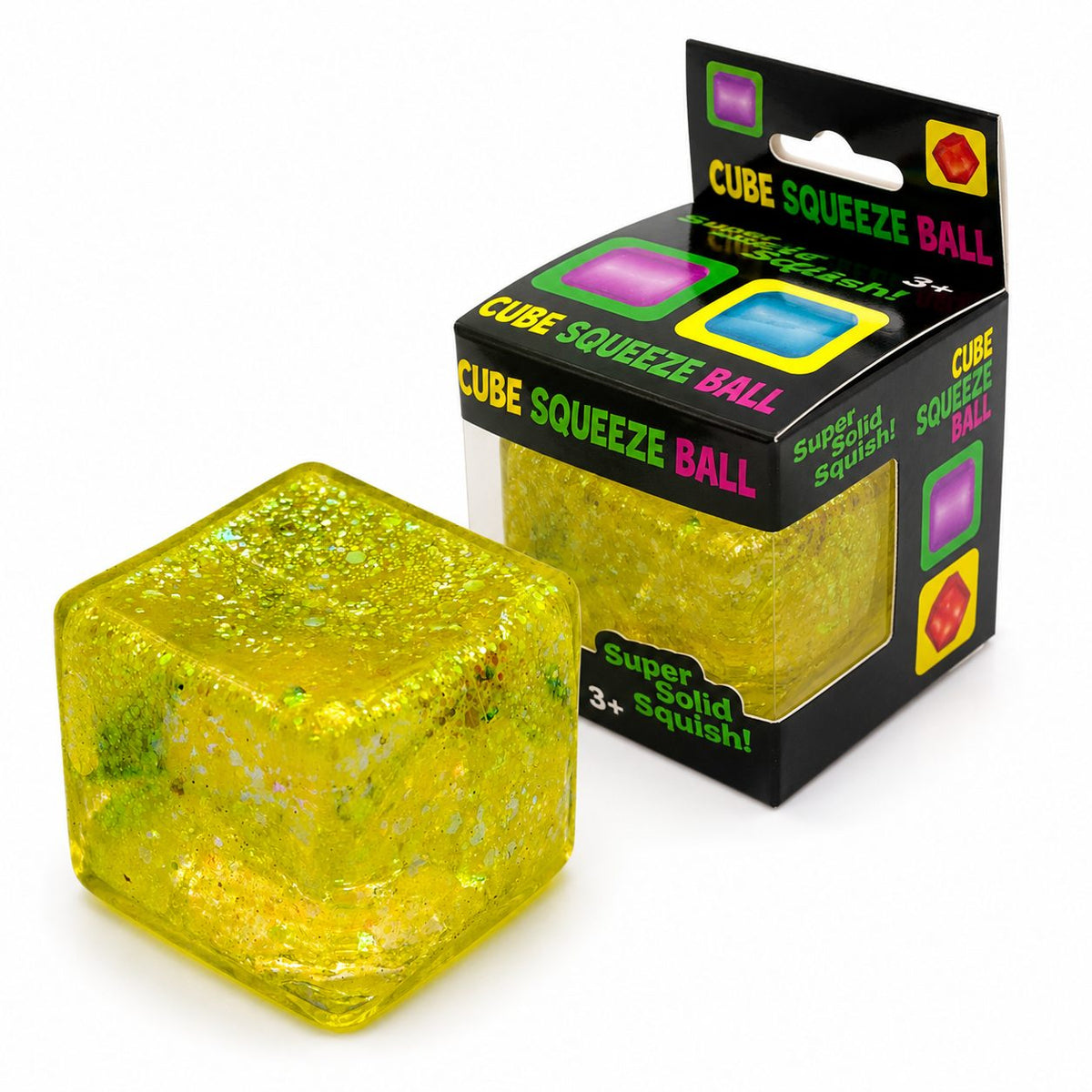 Jucarie Squishy Antistres, Cub Fidget Ice Cube cu Sclipici, Revenire Lenta, TPR, 4.5x4.5 cm, Galben