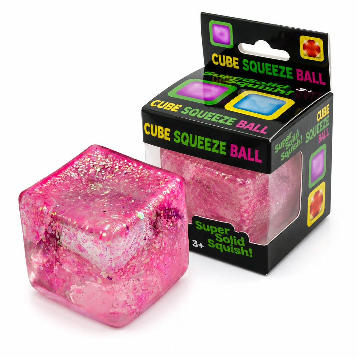 Jucarie Squishy Antistres, Cub Fidget Ice Cube cu Sclipici, Revenire Lenta, Material TPR, 4.5x4.5 cm, Roz
