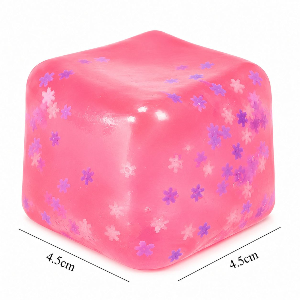 Jucarie Squishy Antistres, Cub Fidget Ice Cube cu Fulgi de Nea, Revenire Lenta, TPR Elastic, 4.5x4.5x4.5 cm, Roz