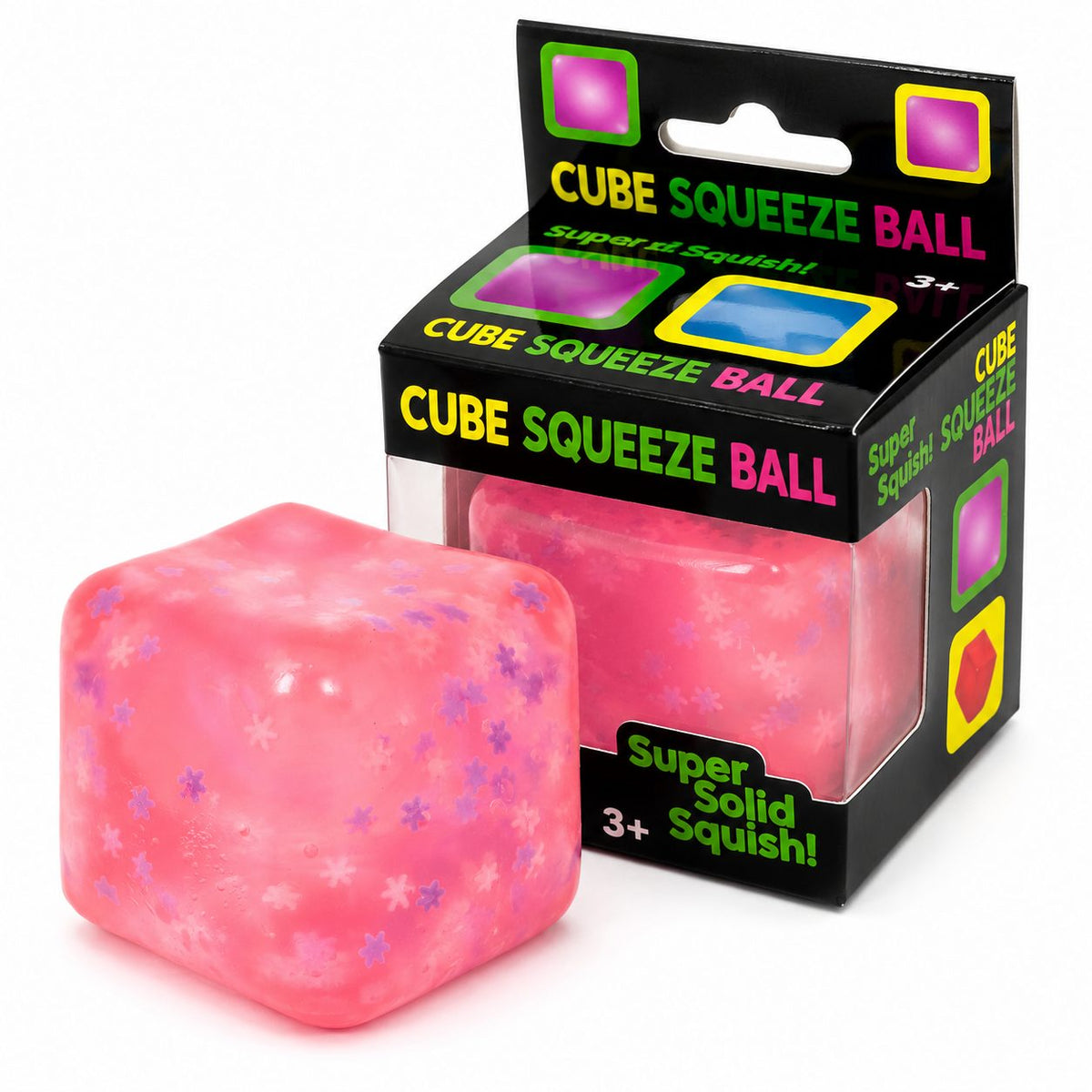Jucarie Squishy Antistres, Cub Fidget Ice Cube cu Fulgi de Nea, Revenire Lenta, TPR Elastic, 4.5x4.5x4.5 cm, Roz