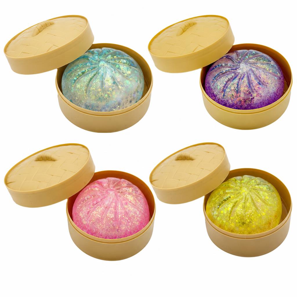Jucarie Squishy Antistres Jumbo, Model Plain Bun cu Revenire Lenta, Material Termoplastic cu Sclipici, 6 x 6 cm, Culoare Mix Surpriza
