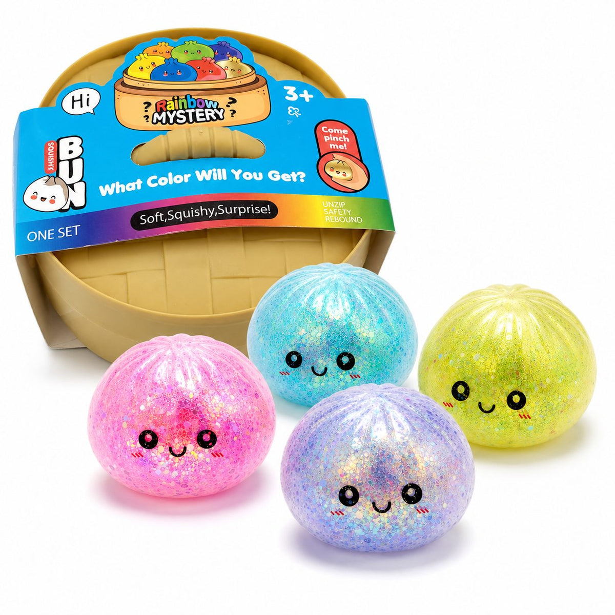 Minge Antistres Squishy, Design Kawaii cu Sclipici, Silicon Transparent, Set 4 Bucati, Multicolor