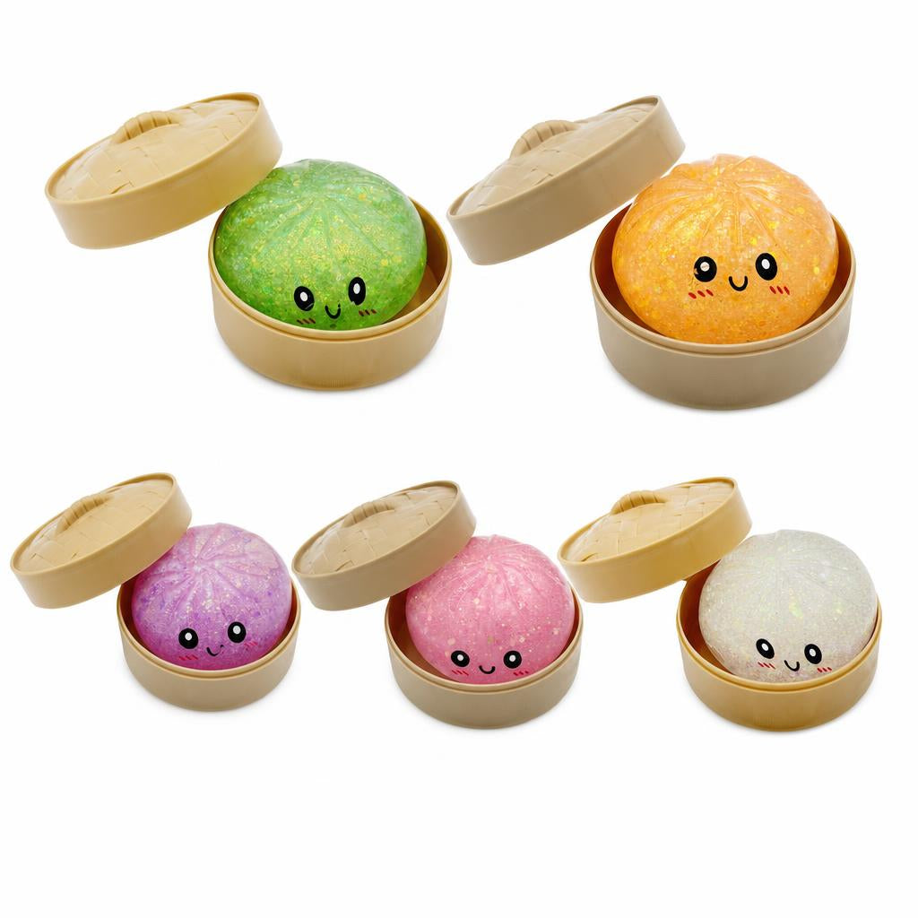Jucarie Squishy Antistres, Model Dumpling Fata Zambitoare Sclipici, Material Termoplastic, 6 x 6 cm, Culoare Mix Surpriza