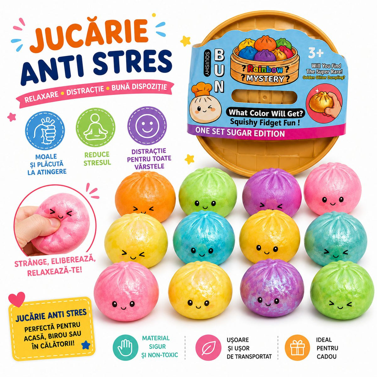Jucarie Antistres Squishy, Model Dumpling Kawaii, Silicon Si Plastic, 5 cm, Culoare Aleatorie