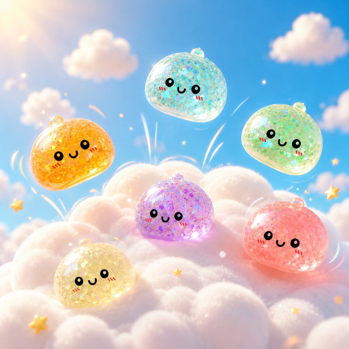 Jucarie Antistres Squishy Dumpling, Design Kawaii cu Efect Glitter, Silicon si Plastic, 5 cm, Culoare Aleatorie