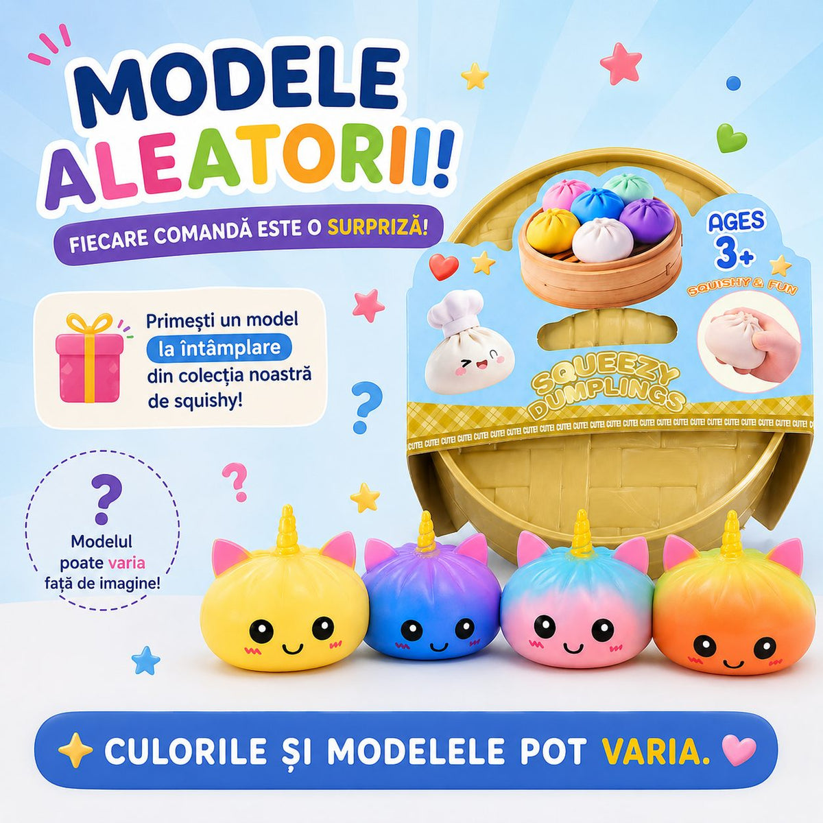 Jucarie Senzoriala Antistres Squishy, Model Dumpling Unicorn, Textura Moale, Silicon Si Plastic, 8.5 cm, Culoare Random