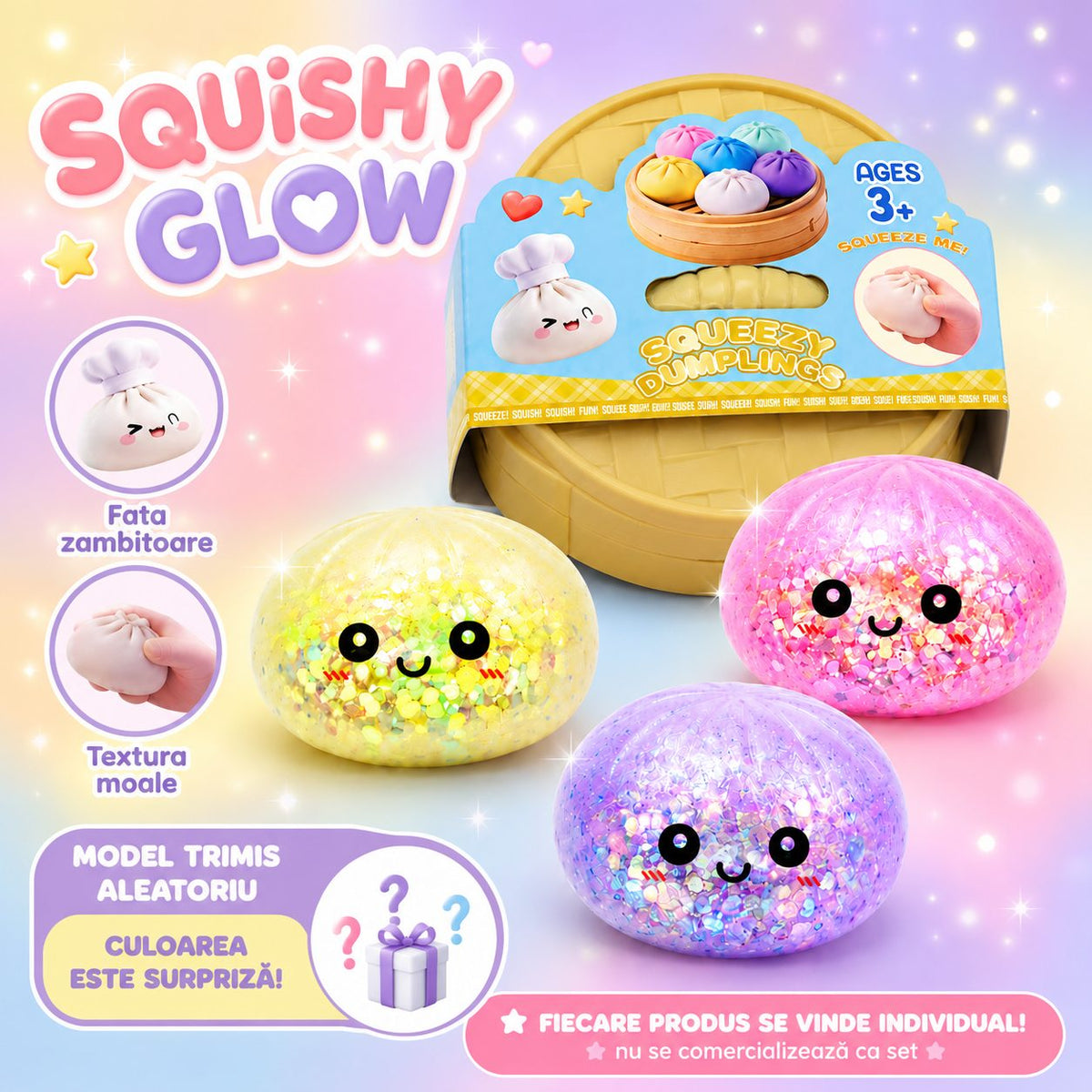 Jucarie Dumpling Squishy, Antistres Interactiv Senzorial, Silicon, 8.5 cm, Culori Diverse