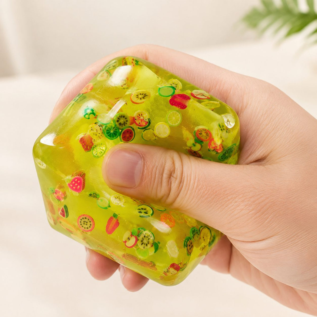 Jucarie Squishy Cub Fidget 3D, Antistres Senzorial Super Solid, Silicon Dens, Model Fructe de Vara, 5 cm, Galben