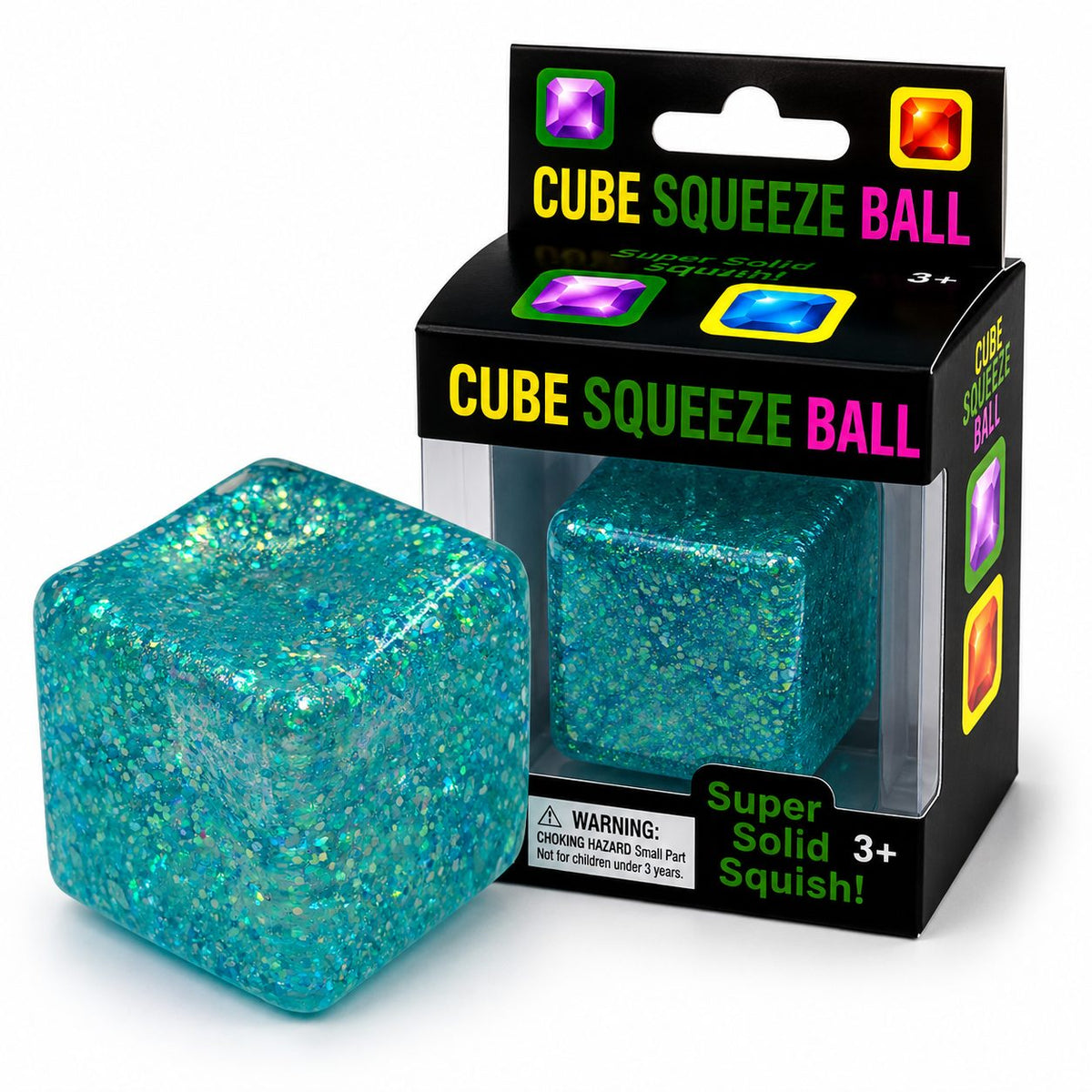 Jucarie Squishy Antistres Cub Fidget 3D, Model Magic Glitter Ice Cube, Maltoza cu Revenire Lenta, 5 cm, 140 g, Albastru