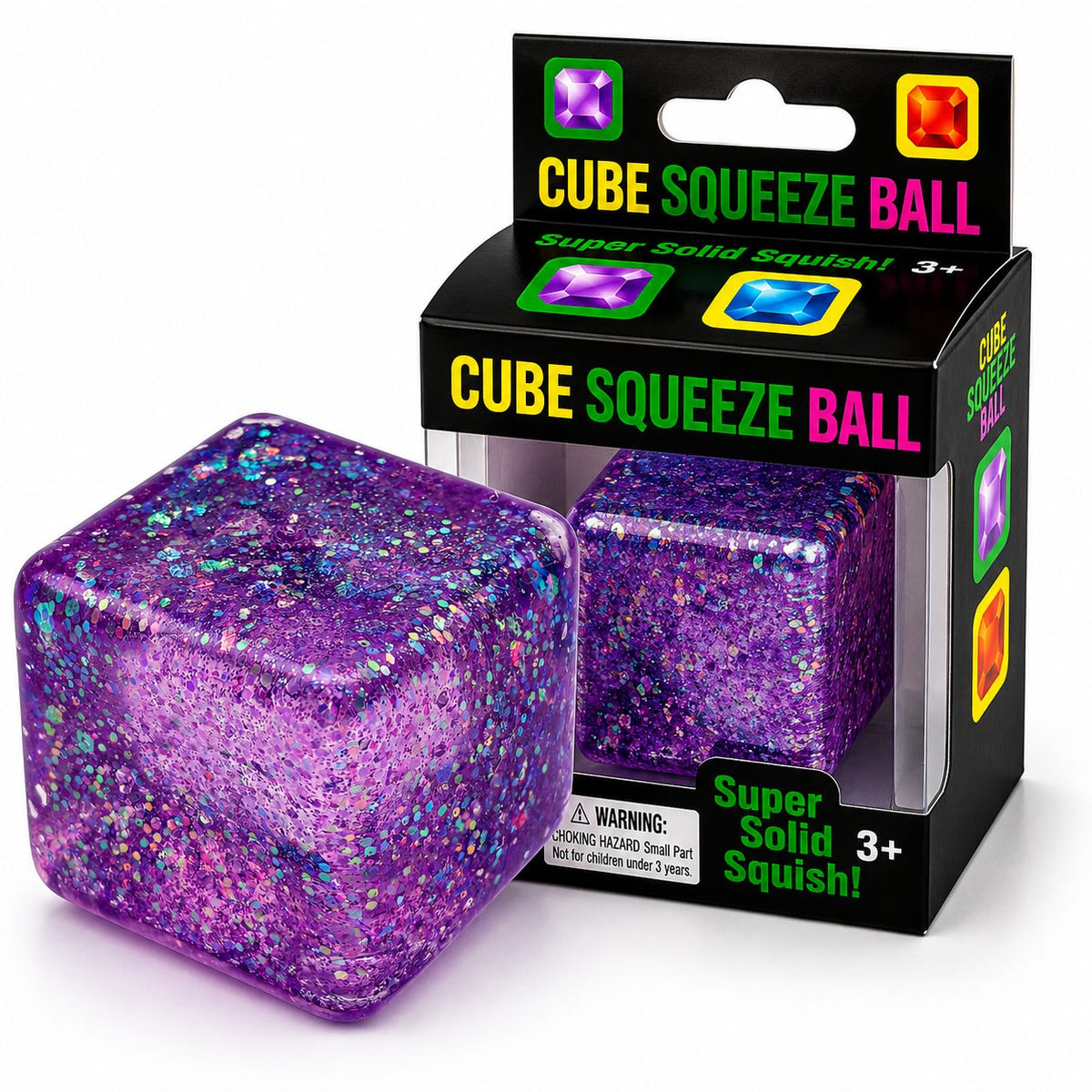 Jucarie Squishy Antistres, Cub Fidget 3D Magic Glitter, Revenire Lenta din Maltoza, Mov, 5 cm, 140 g