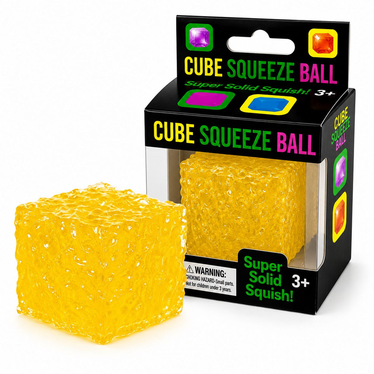 Jucarie Squishy Needoh Cub Fidget 3D, Antistres Senzorial Comprimabil, Termoplastic, 5x5x5 cm, Galben