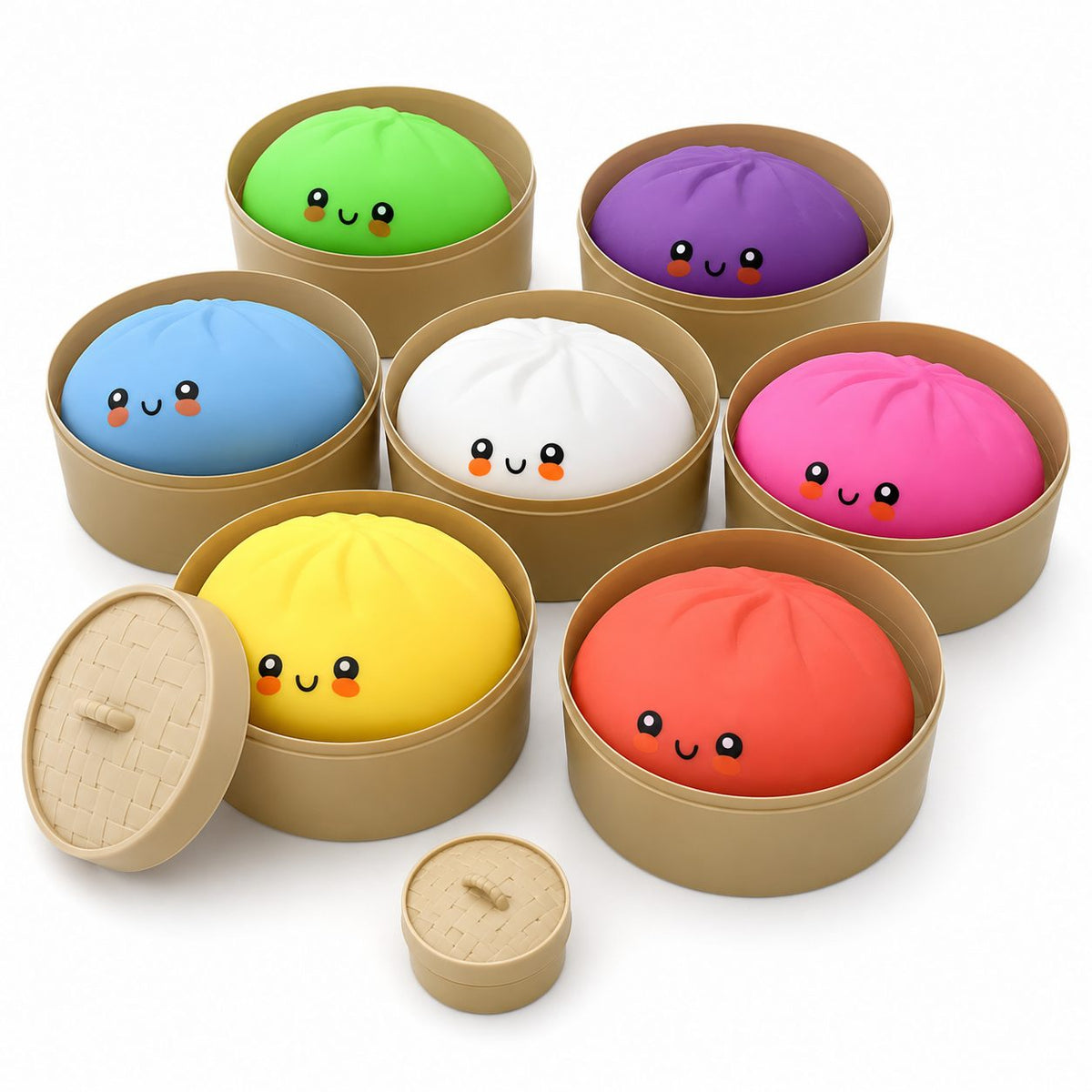 Jucarie Squishy Antistres, Set Design Kawaii Baozi cu Cos De Aburi, Silicon, 7-Pack, Culori Diverse