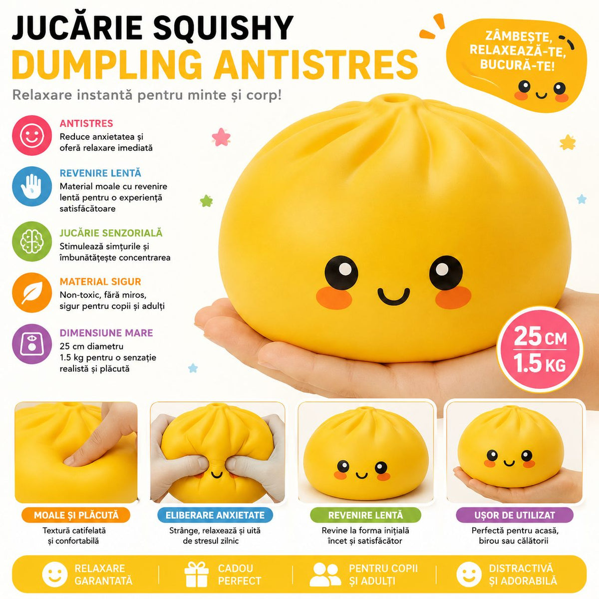 Jucarie Antistres Squishy Dumpling Jumbo, Revenire Lenta, Spuma Poliuretanica, 25 cm, 1.5 kg, Galben