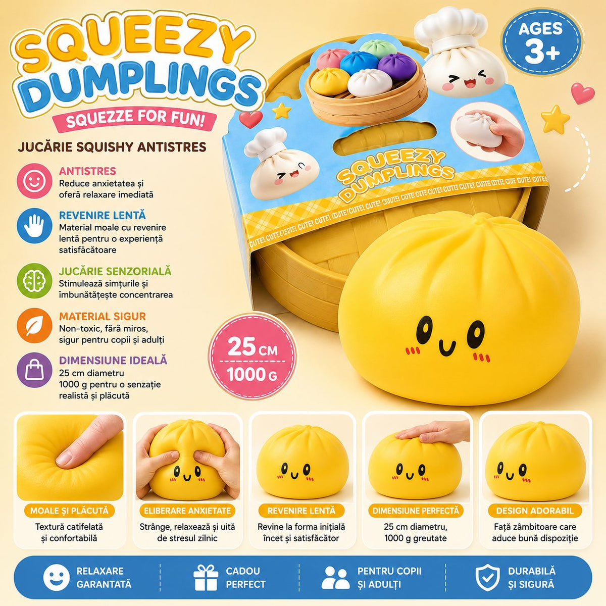 Jucarie Antistres Squishy Dumpling, Model Fata Zambitoare Slow-Rise, Spuma Poliuretanica, 25 cm, 1000 g, Galben