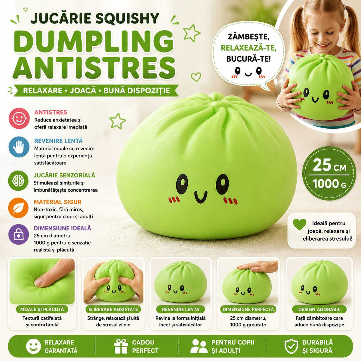 Jucarie Squishy Dumpling Antistres, Revenire Lenta cu Fata Zambitoare, Termoplast, 25 cm, 1000 g, Verde