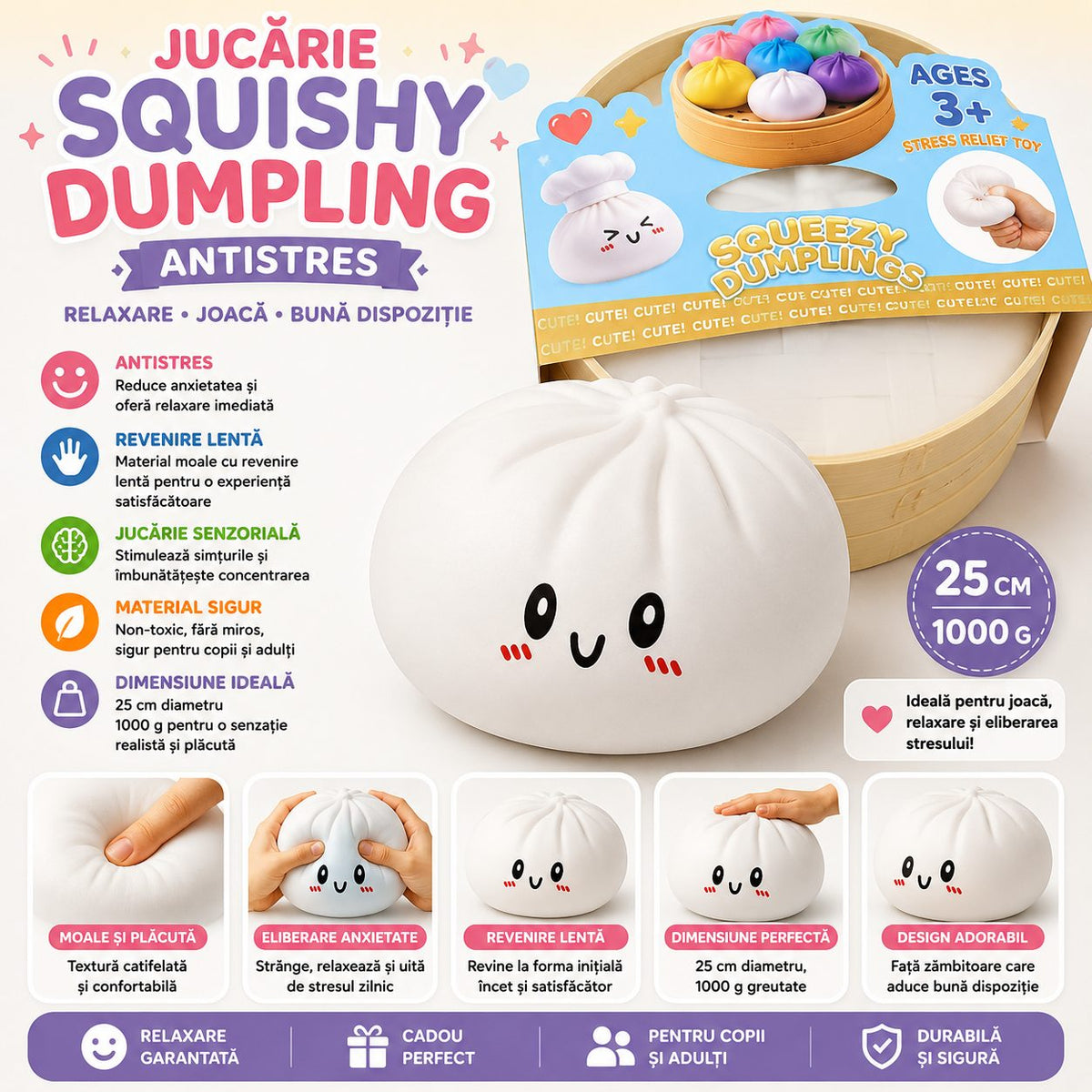 Jucarie Antistres Squishy Dumpling, Revenire Lenta Slow-Rise, Spuma Poliuretanica, 25 cm, 1000 g, Alb