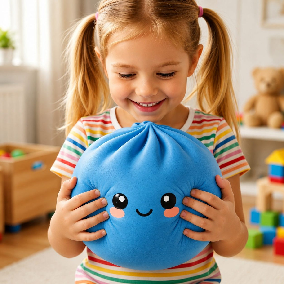 Jucarie Antistres Squishy Dumpling, Model Fata Zimbitoare, Revenire Lenta, Spuma Poliuretanica, 25 cm, 1.5 kg, Albastru