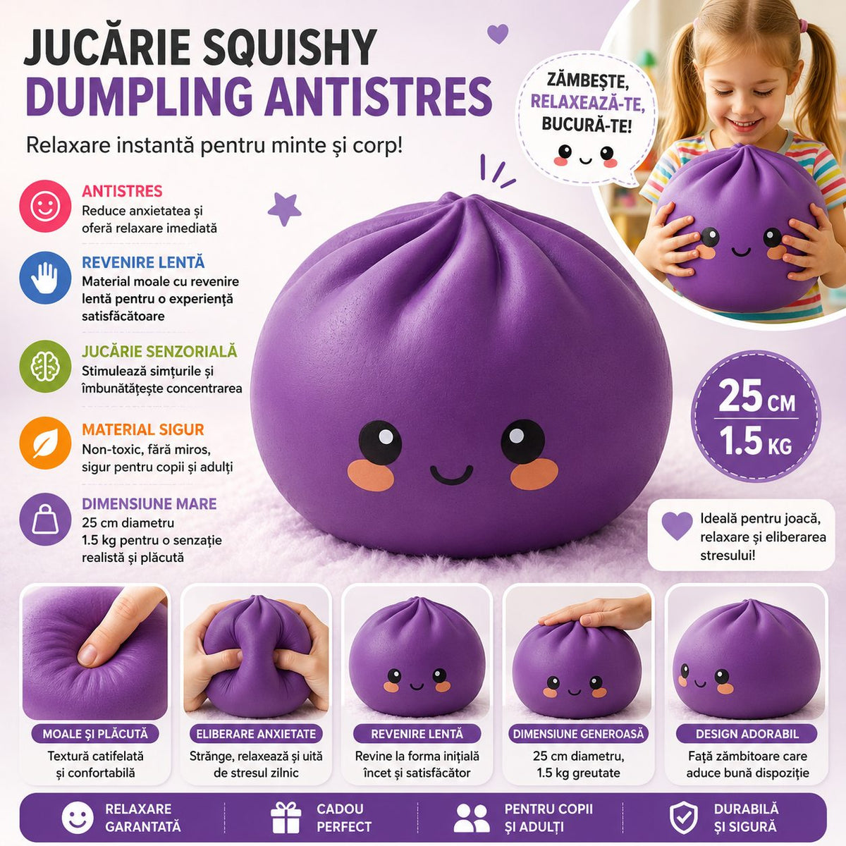 Jucarie Squishy Dumpling Antistres, Revenire Lenta cu Fata Zimbitoare, Termoplastic, 25 cm, 1.5 kg, Mov