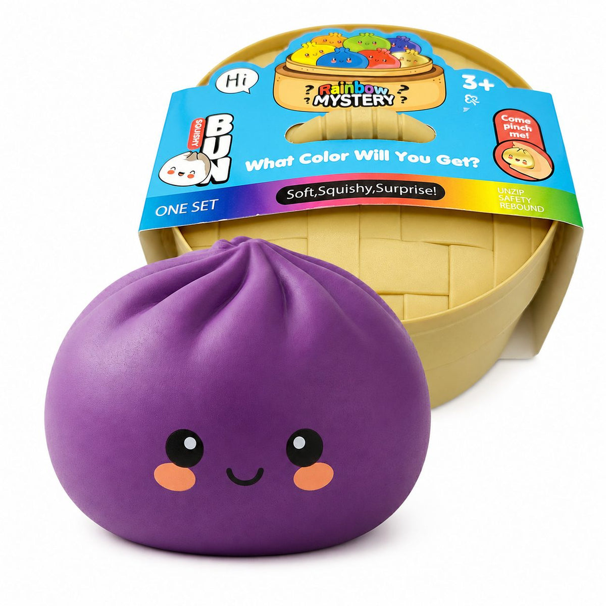 Jucarie Squishy Dumpling Antistres, Revenire Lenta cu Fata Zimbitoare, Termoplastic, 25 cm, 1.5 kg, Mov
