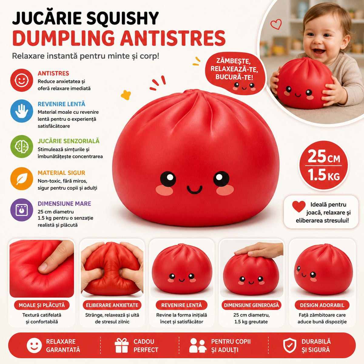 Jucarie Squishy Dumpling Antistres, Revenire Lenta cu Fata Zimbitoare, Termoplastic Inalta Densitate, 25 cm, 1.5 kg, Rosu