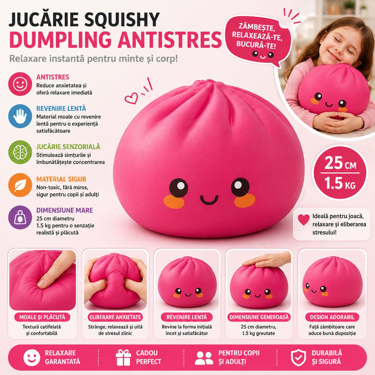 Jucarie Antistres Squishy Dumpling, Revenire Lenta Slow-Rise, Spuma Poliuretanica, 25 cm, 1.5 kg, Roz