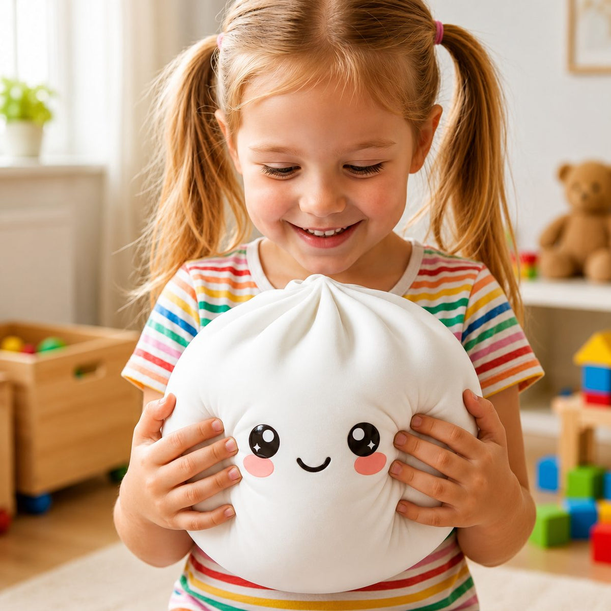Jucarie Squishy Dumpling Antistres, Revenire Lenta cu Fata Zimbitoare, Spuma Termoplastica, 25 cm, 1.5 kg, Alb