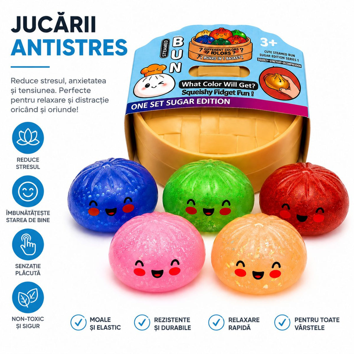 Jucarie Squishy Dumpling Antistres, Revenire Lenta cu Sclipici, Material Termoplastic, 8.5 cm, 220 g, Culoare Aleatorie