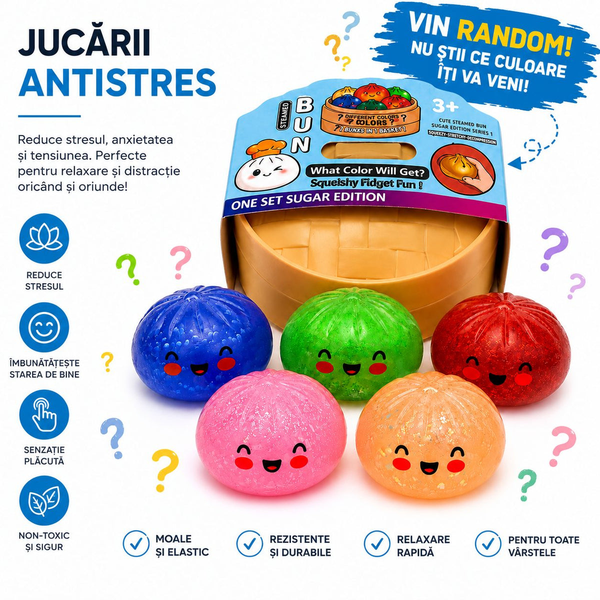 Jucarie Squishy Dumpling Antistres, Revenire Lenta cu Sclipici, Material Termoplastic, 8.5 cm, 220 g, Culoare Aleatorie