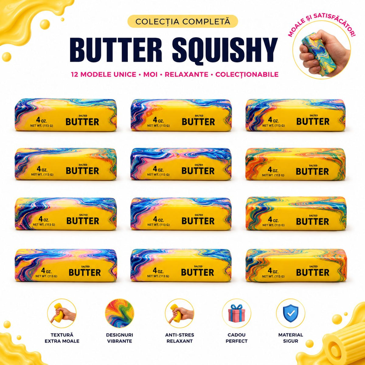 Needoh Jucărie Squishy Antistres, Formă De Unt Slow Rising, Silicon Moale, 14 cm, Multicolor