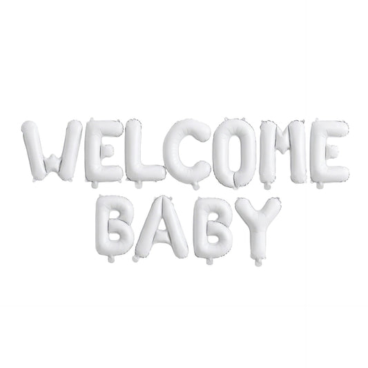 Set Baloane Welcome Baby, Litere din Folie Metalizata pentru Botez si Baby Shower, Umflare Aer sau Heliu, Aluminiu, 40 cm, 11 Piese, Alb