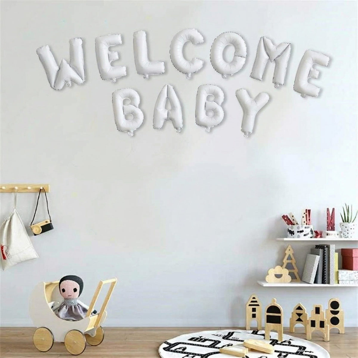 Set Baloane Welcome Baby, Litere din Folie Metalizata pentru Botez si Baby Shower, Umflare Aer sau Heliu, Aluminiu, 40 cm, 11 Piese, Alb