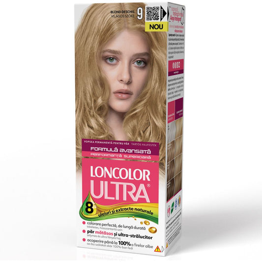 Loncolor Ultra Vopsea pentru Par Permanenta, Formula cu Ulei de Migdale si Proteine din Grau, Nuanta 9 Blond Deschis